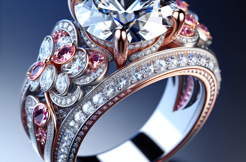 How can you combine pink accents with diamonds in a ring design?