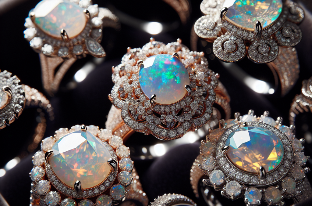 What are examples of engagement rings featuring diamond and opal?