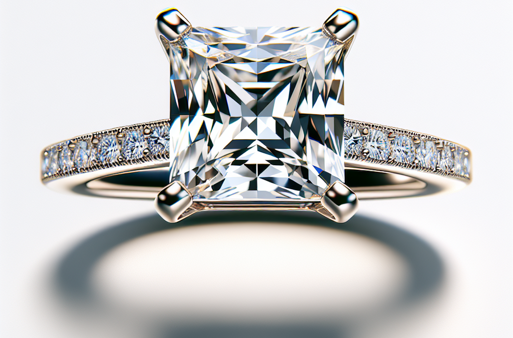 What are the design details of a princess cut diamond engagement ring?